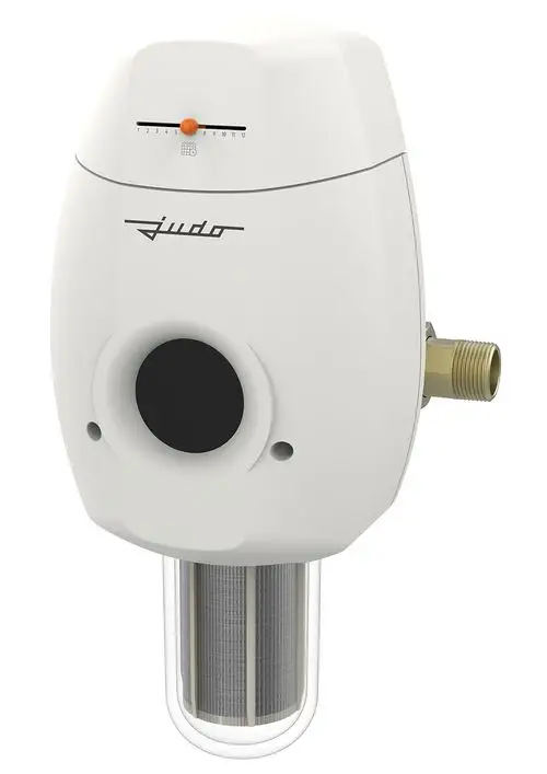 Weißer Judo-Filter mit transparentem Behälter und seitlichem Anschluss. Oben ist ein Einstellregler sichtbar. Genutzt zur Filterung von Wasser mit 100 µm.